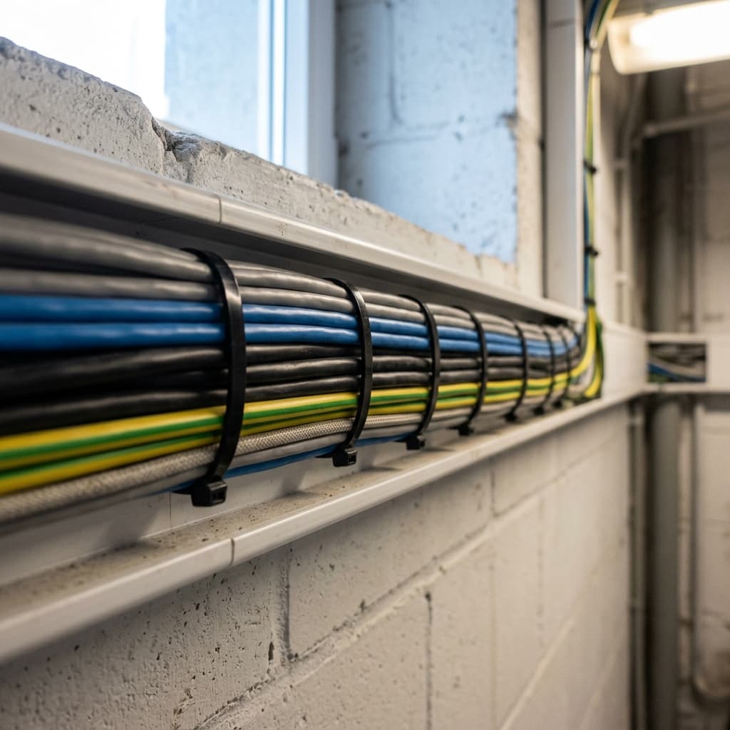 Sauber gebündelte Kabel in einem Wandkanal