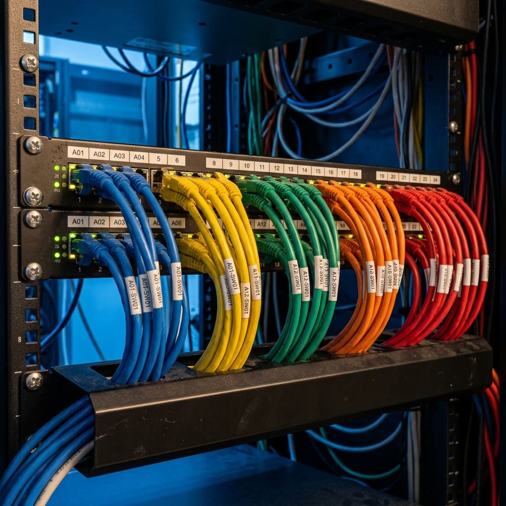 Netzwerk-Patchpanel mit farbcodierten Kabeln