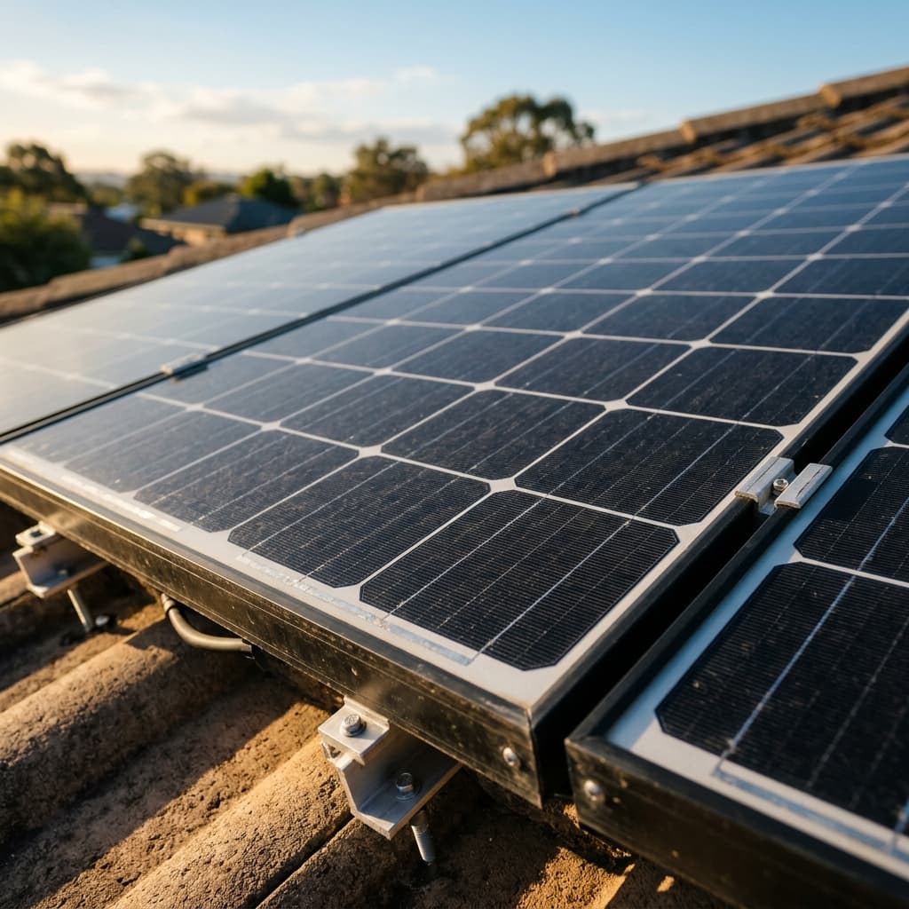 Nahaufnahme eines Photovoltaik-Moduls auf einem Dach